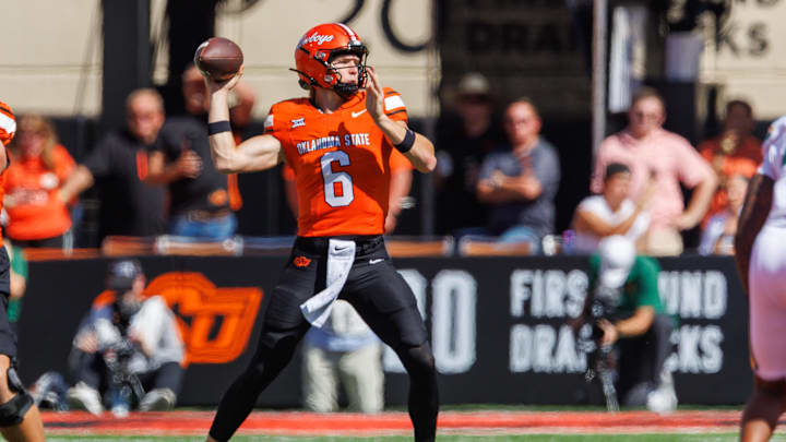 Sep 27, 2025; Stillwater, Oklahoma, USA; Oklahoma State Cowboys quarterback Zane Flores (6) passes during the first half against the Baylor Bears at Boone Pickens Stadium. Mandatory Credit: William Purnell-Imagn Images