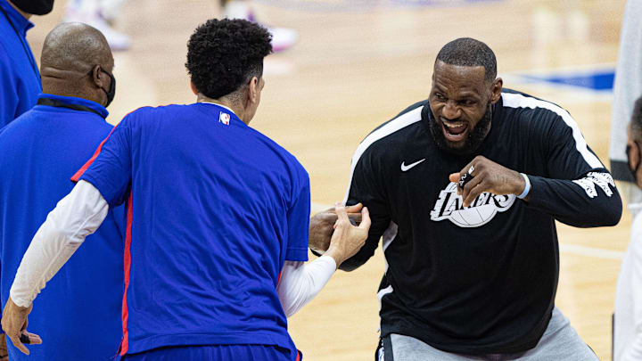 Jan 27, 2021; Philadelphia, Pennsylvania, USA; Los Angeles Lakers forward LeBron James (R) greets Philadelphia 76ers forward Danny Green (L) before a game at Wells Fargo Center. Mandatory Credit: Bill Streicher-Imagn Images