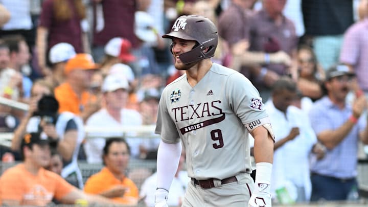 Texas A&M Aggies third baseman Gavin Grahovac (9) celebrates after hitting a home run against the Tennessee Volunteers during the first inning at Charles Schwab Field Omaha. Texas A&M Aggies third baseman Gavin Grahovac (9) celebrates after hitting a home run against the Tennessee Volunteers during the first inning at Charles Schwab Field Omaha.