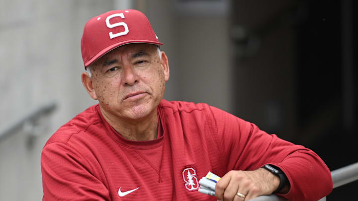 Jun 17, 2023; Omaha, NE, USA; Stanford Cardinal head coach David Esquer on the field before a game against the Wake Forest Demon Deacons at Charles Schwab Field Omaha. Mandatory Credit: Steven Branscombe-Imagn Images