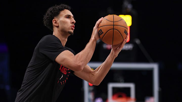 Mar 16, 2025; Brooklyn, New York, USA; Atlanta Hawks forward Zaccharie Risacher (10) warms up before the game against the Brooklyn Nets at Barclays Center. Mandatory Credit: Vincent Carchietta-Imagn Images