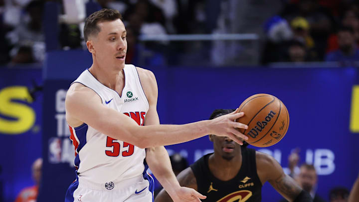 May 5, 2026; Detroit, Michigan, USA; Detroit Pistons forward Duncan Robinson (55) passes in the first half against the Cleveland Cavaliers during game one of the second round of the 2026 NBA Playoffs at Little Caesars Arena. Mandatory Credit: Rick Osentoski-Imagn Images