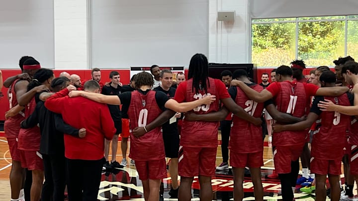 Will Wade and the N.C. State men's basketball team on Monday, Sept. 22, 2025, during the first official day of practice inside the Dail Basketball Center.