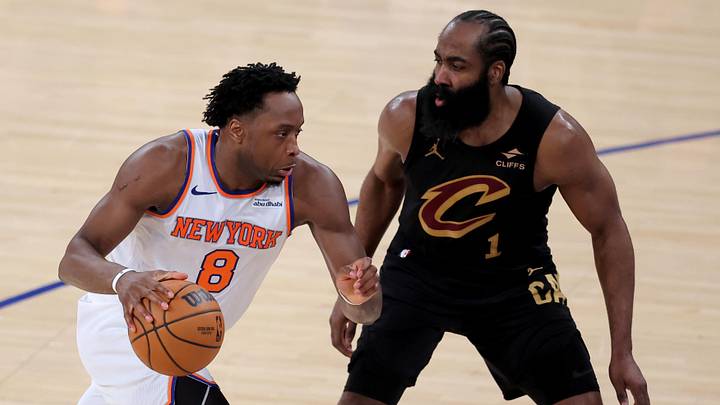May 19, 2026; New York, New York, USA; New York Knicks forward OG Anunoby (8) drives to the basket against Cleveland Cavaliers guard James Harden (1) during the fourth quarter of game one of the eastern conference finals during the 2026 NBA playoffs at Madison Square Garden. Mandatory Credit: Brad Penner-Imagn Images May 19, 2026; New York, New York, USA; New York Knicks forward OG Anunoby (8) drives to the basket against Cleveland Cavaliers guard James Harden (1) during the fourth quarter of game one of the eastern conference finals during the 2026 NBA playoffs at Madison Square Garden. Mandatory Credit: Brad Penner-Imagn Images