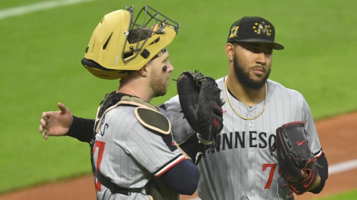 Minnesota Twins catcher Ryan Jeffers (27) talks to starting pitcher Simeon Woods Richardson (78) in the sixth inning against the Cleveland Guardians at Progressive Field in Cleveland on May 17, 2024. 