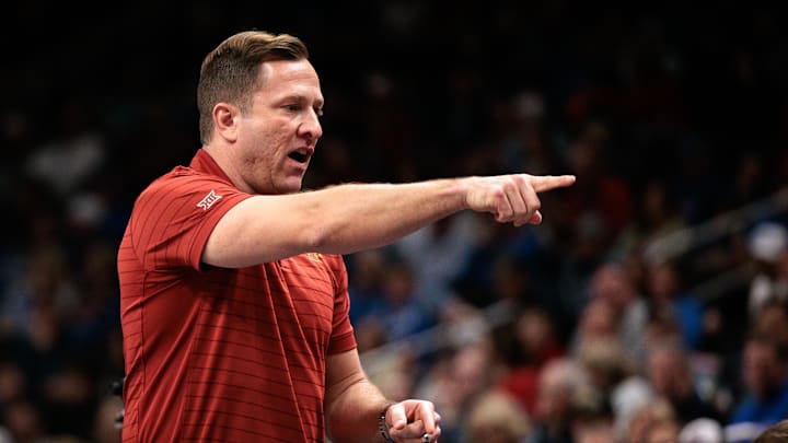 Mar 13, 2026; Kansas City, MO, USA; Iowa State Cyclones head coach T.J. Otzelberger gives direction during the first half against the Arizona Wildcats at T-Mobile Center. 