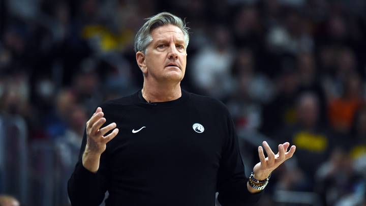Apr 18, 2026; Denver, Colorado, USA; Minnesota Timberwolves head coach Chris Finch looks on from the sideline during the first half against the Denver Nuggets in game one of the first round of the 2026 NBA Playoffs at Ball Arena. Mandatory Credit: Christopher Hanewinckel-Imagn Images