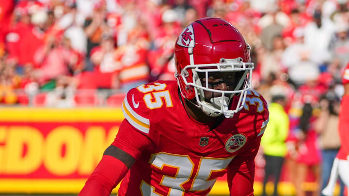 Nov 23, 2025; Kansas City, Missouri, USA; Kansas City Chiefs cornerback Jaylen Watson (35) on field against the Indianapolis Colts during the game at GEHA Field at Arrowhead Stadium. Mandatory Credit: Denny Medley-Imagn Images