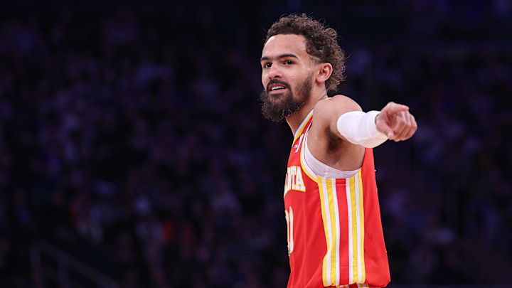 Atlanta Hawks guard Trae Young reacts during the first half against the New York Knicks at Madison Square Garden