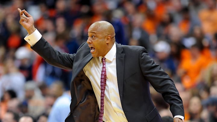 Nov 8, 2013; Syracuse, NY, USA; Cornell Big Red head coach Bill Courtney reacts to a call against the Syracuse Orange during the first half at Carrier Dome.  Syracuse defeated Cornell 82-60.  Mandatory Credit: Rich Barnes-Imagn Images