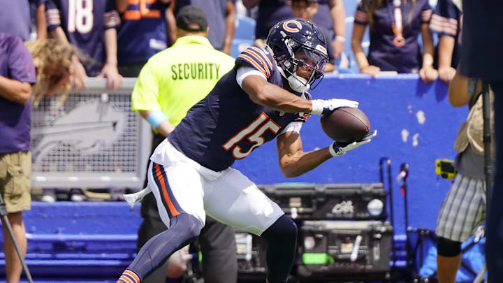 Aug 10, 2024; Orchard Park, New York, USA; Chicago Bears wide receiver Rome Odunze (15) warms up prior to the game against the Buffalo Bills at Highmark Stadium. Mandatory Credit: Gregory Fisher-Imagn Images