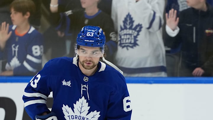 Oct 18, 2025; Toronto, Ontario, CAN; Toronto Maple Leafs left wing Matias MacCelli (63) skates during the warmup before a game against the Seattle Kraken at Scotiabank Arena. Mandatory Credit: Nick Turchiaro-Imagn Images