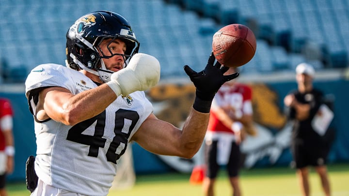 Jacksonville Jaguars linebacker Chad Muma (48) hauls in a pass before an NFL scrimmage at EverBank Stadium Friday August 1, 2025, in Jacksonville, Fla. [Doug Engle/Florida Times-Union]