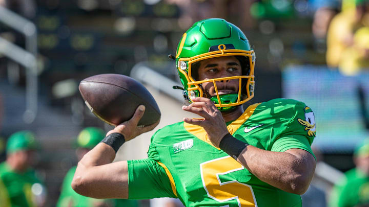 Oregon Ducks quarterback Dante Moore throws out a pass during warm ups as the Oregon Ducks host the Idaho Vandals Saturday, Aug. 31, 2024 at Autzen Stadium in Eugene, Ore.