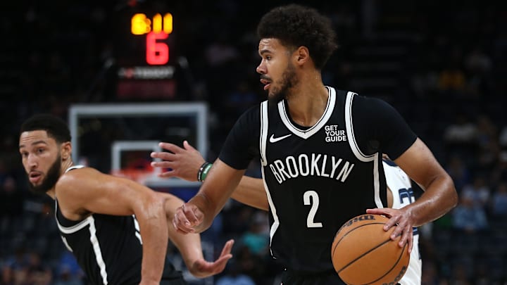 Oct 30, 2024; Memphis, Tennessee, USA; Brooklyn Nets forward Cameron Johnson (2) dribbles during the first half against the Memphis Grizzlies at FedExForum. Mandatory Credit: Petre Thomas-Imagn Images