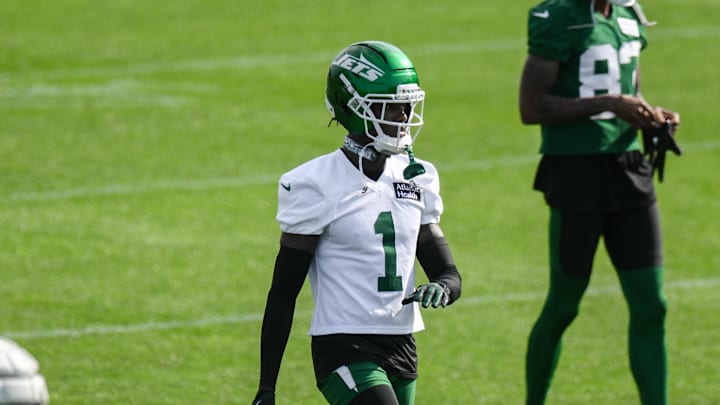 Jul 23, 2025; Florham Park, NY, USA; New York Jets cornerback Sauce Gardner (1) warms up during training camp at Atlantic Health Jets Training Center. Mandatory Credit: John Jones-Imagn Images