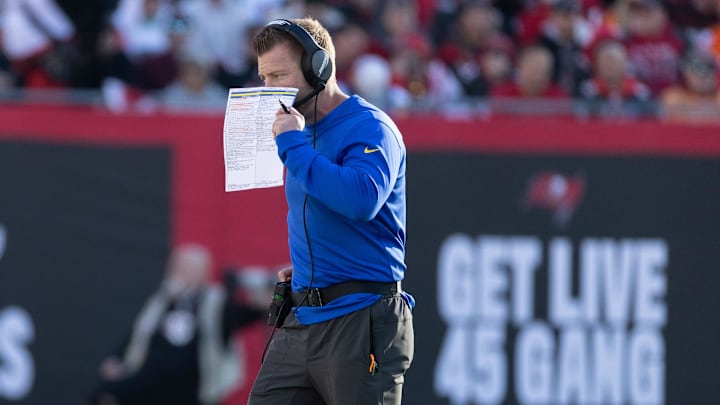 Jan 23, 2022; Tampa, Florida, USA; Los Angeles Rams head coach Sean McVay calls a play during the first half against the Tampa Bay Buccaneers during a NFC Divisional playoff football game at Raymond James Stadium. Mandatory Credit: Matt Pendleton-Imagn Images