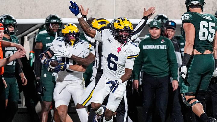Michigan defensive back Brandyn Hillman (6) celebrates a play against Michigan State during the first half at Spartan Stadium in East Lansing on Saturday, October 25, 2025. Michigan defensive back Brandyn Hillman (6) celebrates a play against Michigan State during the first half at Spartan Stadium in East Lansing on Saturday, October 25, 2025.