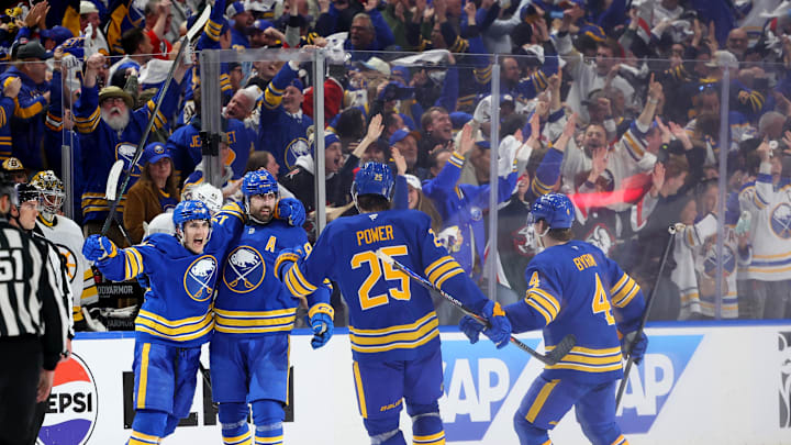 Apr 19, 2026; Buffalo, New York, USA; Buffalo Sabres right wing Alex Tuch (89) celebrates his goal with teammates during the third period against the Boston Bruins in game one of the first round of the 2026 Stanley Cup Playoffs at KeyBank Center. Mandatory Credit: Timothy T. Ludwig-Imagn Images