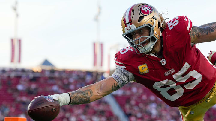 Nov 9, 2025; Santa Clara, California, USA; San Francisco 49ers tight end George Kittle (85) scores a touchdown during the fourth quarter against the Los Angeles Rams at Levi's Stadium. Mandatory Credit: Kyle Terada-Imagn Images Nov 9, 2025; Santa Clara, California, USA; San Francisco 49ers tight end George Kittle (85) scores a touchdown during the fourth quarter against the Los Angeles Rams at Levi's Stadium. Mandatory Credit: Kyle Terada-Imagn Images