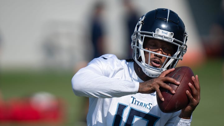 Titans wide receiver Jacob Copeland hauls in a pass during preseason training at Ascension Saint Thomas Sports Park in Nashville, Tenn., Friday morning, July 28, 2023.
