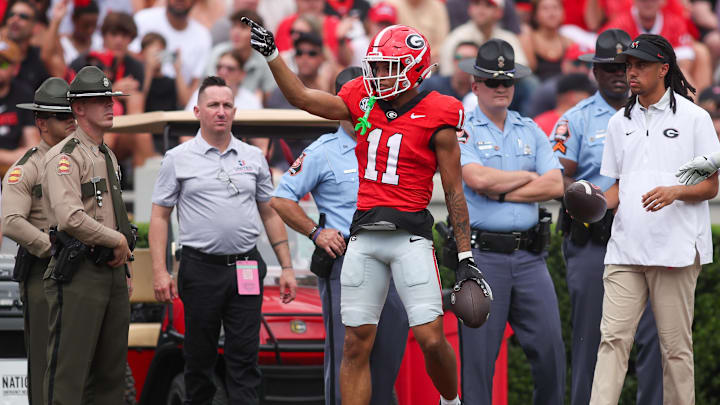 Sep 6, 2025; Athens, Georgia, USA; Georgia Bulldogs wide receiver Talyn Taylor (11) reacts after a first down against the Austin Peay Governors in the first quarter at Sanford Stadium. Mandatory Credit: Brett Davis-Imagn Images