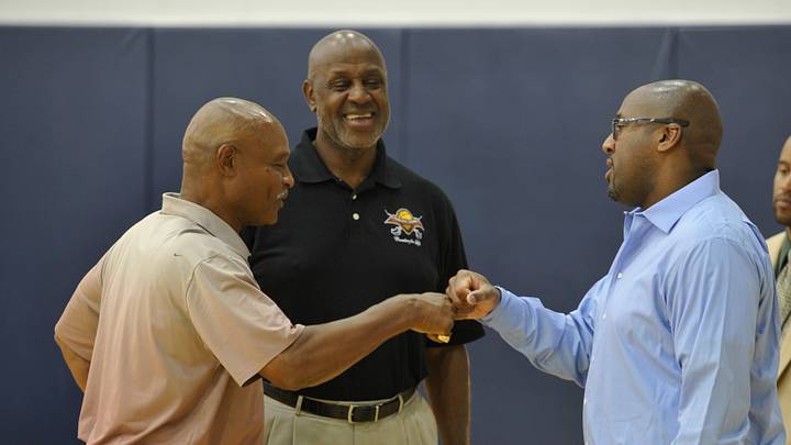 Jun 28, 2013; Independence, OH, USA; Former Cleveland Cavaliers players Austin Carr (left) and Campy Russell (center) talk with head coach Mike Brown during a press conference at Cleveland Clinic Courts. Mandatory Credit: David Richard-USA TODAY Sports Jun 28, 2013; Independence, OH, USA; Former Cleveland Cavaliers players Austin Carr (left) and Campy Russell (center) talk with head coach Mike Brown during a press conference at Cleveland Clinic Courts. Mandatory Credit: David Richard-USA TODAY Sports