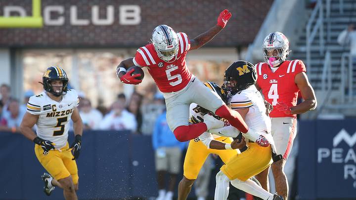 Oct 17, 2026; Oxford, Mississippi, USA; at Vaught-Hemingway Stadium.Mississippi Rebels running back Kewan Lacy (5)is tackled by Missouri Tigers safety Santana Banner (15) and safety Trajen Greco (4) at Vaught-Hemingway Stadium. Mandatory Credit: Petre Thomas-Imagn Images Oct 17, 2026; Oxford, Mississippi, USA; at Vaught-Hemingway Stadium.Mississippi Rebels running back Kewan Lacy (5)is tackled by Missouri Tigers safety Santana Banner (15) and safety Trajen Greco (4) at Vaught-Hemingway Stadium. Mandatory Credit: Petre Thomas-Imagn Images