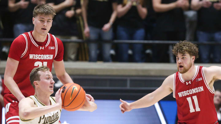 Purdue Boilermakers guard Fletcher Loyer (2) passes the ball from the court Saturday, Feb. 15, 2025, during the NCAA men’s basketball game against the Wisconsin Badgers at Mackey Arena in West Lafayette, Ind.