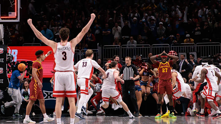 Mar 13, 2026; Kansas City, MO, USA; Arizona Wildcats guard Anthony Dell'orso (3) reacts at the end of the game against the Iowa State Cyclones at T-Mobile Center. Mandatory Credit: William Purnell-Imagn Images