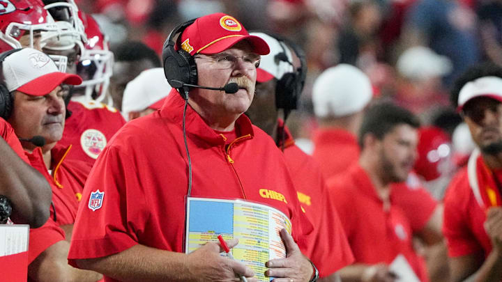 Aug 22, 2024; Kansas City, Missouri, USA; Kansas City Chiefs head coach Andy Reid watches a replay against the Chicago Bears during the game at GEHA Field at Arrowhead Stadium. Mandatory Credit: Denny Medley-USA TODAY Sports