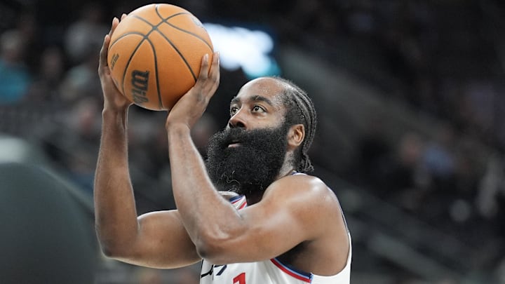 Jan 29, 2025; San Antonio, Texas, USA;  LA Clippers guard James Harden (1) shoots in the first half against the San Antonio Spurs at Frost Bank Center. Mandatory Credit: Daniel Dunn-Imagn Images