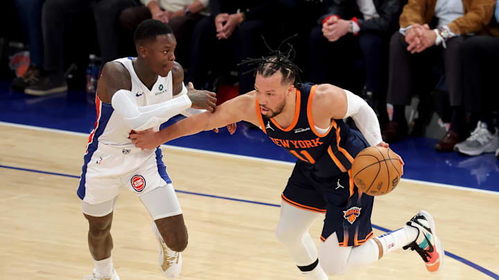 Apr 21, 2025; New York, New York, USA; New York Knicks guard Jalen Brunson (11) drives to the basket against Detroit Pistons guard Dennis Schroder (17) during the fourth quarter of game two of the first round of the 2024 NBA Playoffs at Madison Square Garden. Mandatory Credit: Brad Penner-Imagn Images
