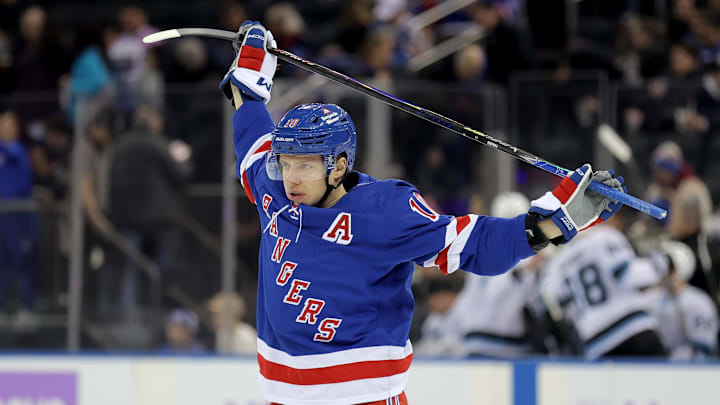 Jan 5, 2026; New York, New York, USA; New York Rangers left wing Artemi Panarin (10) skates before the first period against the Utah Mammoth at Madison Square Garden. Mandatory Credit: Brad Penner-Imagn Images
