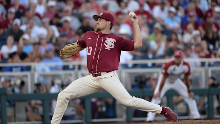 Jun 15, 2019; Omaha, NE, USA; Florida State Seminoles starting pitcher Drew Parrish (43) pitches against the Arkansas Razorbacks in the 2019 College World Series at TD Ameritrade Park. Mandatory Credit: Steven Branscombe-Imagn Images Jun 15, 2019; Omaha, NE, USA; Florida State Seminoles starting pitcher Drew Parrish (43) pitches against the Arkansas Razorbacks in the 2019 College World Series at TD Ameritrade Park. Mandatory Credit: Steven Branscombe-Imagn Images