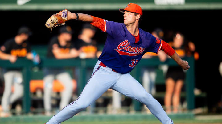 Clemson's Caden Grice (31) throws a pitch during a NCAA baseball regional game between Tennessee and Clemson Clemson's Caden Grice (31) throws a pitch during a NCAA baseball regional game between Tennessee and Clemson