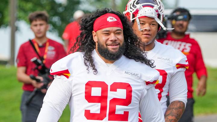 Jul 29, 2026; St. Joseph, MO, USA; Kansas City Chiefs   nose tackle Khriris Tonga (92) walks down the hill to the practice fields during training camp at Missouri Western State University. Mandatory Credit: Denny Medley-Imagn Images