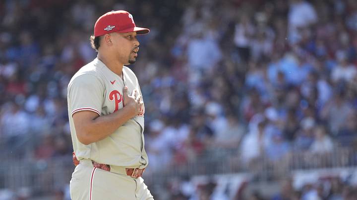 Sep 29, 2026; Cumberland, Georgia, USA; Philadelphia Phillies pitcher Jhoan Duran (59) reacts in the eighth inning during game one of the Wildcard round for the 2026 MLB Playoffs at Truist Park. Mandatory Credit: Dale Zanine-Imagn Images Sep 29, 2026; Cumberland, Georgia, USA; Philadelphia Phillies pitcher Jhoan Duran (59) reacts in the eighth inning during game one of the Wildcard round for the 2026 MLB Playoffs at Truist Park. Mandatory Credit: Dale Zanine-Imagn Images
