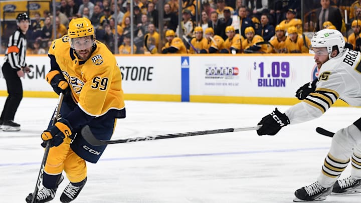 Apr 2, 2024; Nashville, Tennessee, USA; Nashville Predators defenseman Roman Josi (59) skates with
