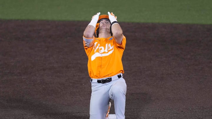 Tennessee catcher Cannon Peebles (5) celebrates after hitting a double during a NCAA regional baseball game between the Tennessee Volunteers and Cincinnati Bearcats at Lindsey Nelson Stadium in Knoxville, Tenn., on May 31, 2025.
