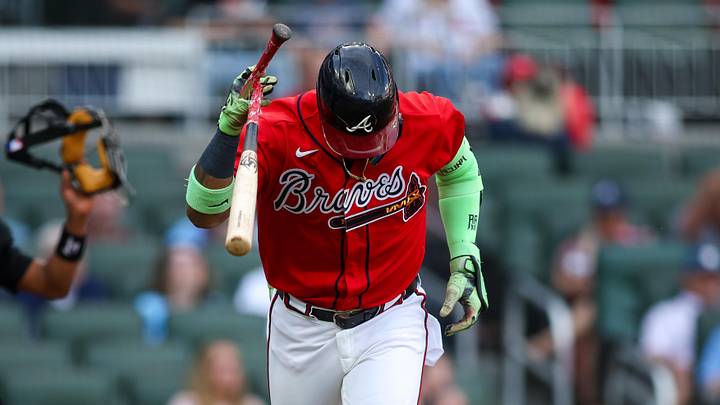 Jun 5, 2026; Atlanta, Georgia, USA; Atlanta Braves right fielder Ronald Acuna Jr. (13) breaks his bat on the ground after a pop fly against the Pittsburgh Pirates in the first inning at Truist Park. Mandatory Credit: Brett Davis-Imagn Images
Jun 5, 2026; Atlanta, Georgia, USA; Atlanta Braves right fielder Ronald Acuna Jr. (13) breaks his bat on the ground after a pop fly against the Pittsburgh Pirates in the first inning at Truist Park. Mandatory Credit: Brett Davis-Imagn Images