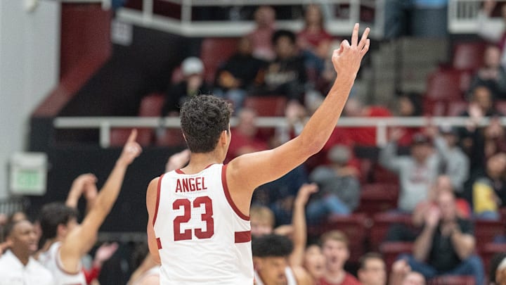 Dec 31, 2023; Stanford, California, USA; Stanford Cardinal forward Brandon Angel (23) signals during