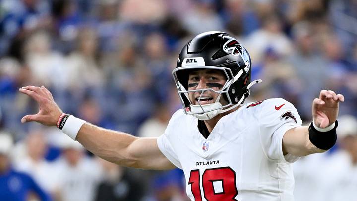 Aug 22, 2026; Indianapolis, Indiana, USA; Atlanta Falcons quarterback Jack Strand (18) initiates the offense against the Indianapolis Colts during the second half at Lucas Oil Stadium. Mandatory Credit: Robert Goddin-Imagn Images