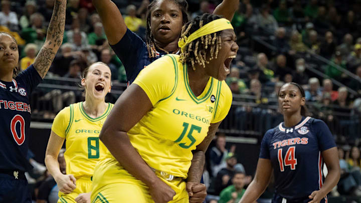 Oregon center Phillipina Kyei celebrates after getting fouled as the Oregon Ducks host the Auburn Tigers on Wednesday, Nov. 20, 2024, at Matthew Knight Arena in Eugene, Ore.