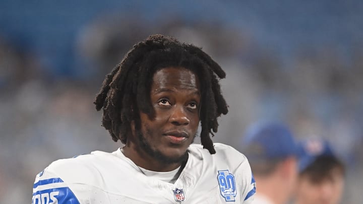 Aug 25, 2023; Charlotte, North Carolina, USA; Detroit Lions quarterback Teddy Bridgewater (17) on the sidelines in the fourth quarter at Bank of America Stadium. Mandatory Credit: Bob Donnan-Imagn Images