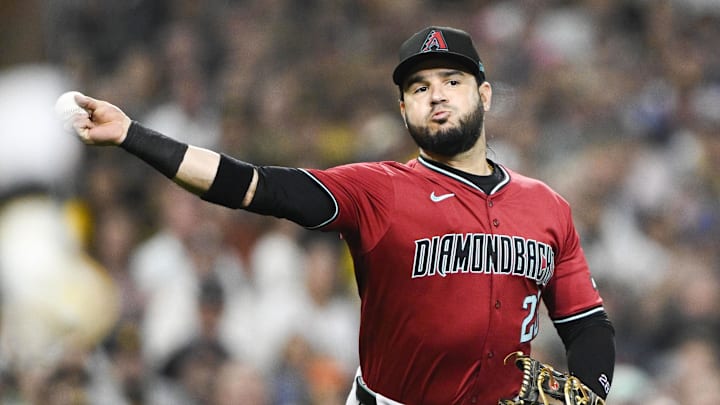 Jun 6, 2024; San Diego, California, USA; Arizona Diamondbacks third baseman Eugenio Suarez (28) throws San Diego Padres left fielder Jurickson Profar (10) out at first base during the fifth inning at Petco Park. Mandatory Credit: Denis Poroy-USA TODAY Sports at Petco Park. Jun 6, 2024; San Diego, California, USA; Arizona Diamondbacks third baseman Eugenio Suarez (28) throws San Diego Padres left fielder Jurickson Profar (10) out at first base during the fifth inning at Petco Park. Mandatory Credit: Denis Poroy-USA TODAY Sports at Petco Park.