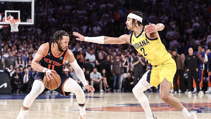 May 8, 2024; New York, New York, USA; New York Knicks guard Jalen Brunson (11) looks to drive past