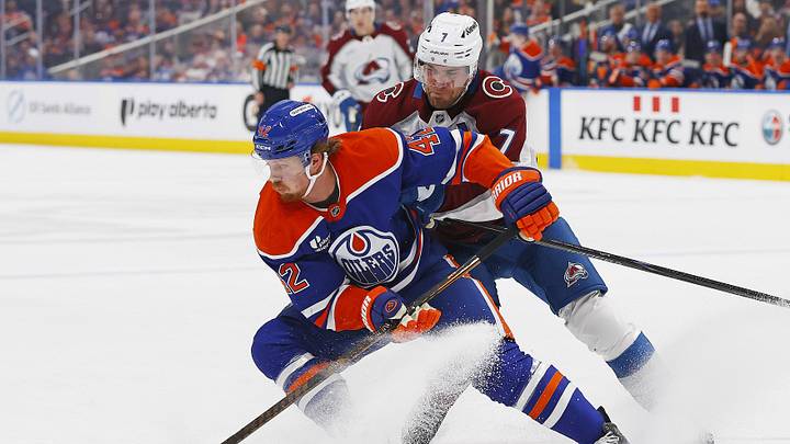 Apr 13, 2026; Edmonton, Alberta, CAN; Edmonton Oilers forward Kasperi Kapanen (42) protects the puck from Colorado Avalanche defensemen Devon Toews (7) during the first period at Rogers Place. Mandatory Credit: Perry Nelson-Imagn Images Apr 13, 2026; Edmonton, Alberta, CAN; Edmonton Oilers forward Kasperi Kapanen (42) protects the puck from Colorado Avalanche defensemen Devon Toews (7) during the first period at Rogers Place. Mandatory Credit: Perry Nelson-Imagn Images