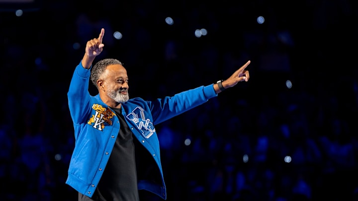 Kentucky Wildcats head coach Kenny Brooks hypes up the crowd during Big Blue Madness on Friday, Oct. 11, 2024 at Rupp Arena.