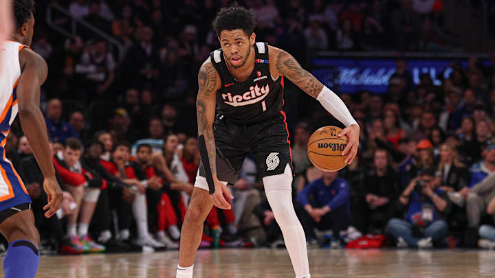 Mar 30, 2025; New York, New York, USA; Portland Trail Blazers guard Anfernee Simons (1) dribbles during the first half against the New York Knicks at Madison Square Garden. Mandatory Credit: Vincent Carchietta-Imagn Images